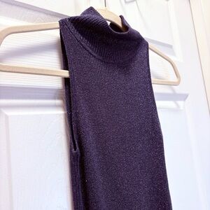 MANGO Navy Blue Ribbed Knit Sleeveless Mock Neck Top with Metallic Thread